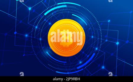 Golden Bitcoin on blue background banner template design. Bitcoin currency. International stock exchange. Network bitcoin marketing vector. Stock Vector