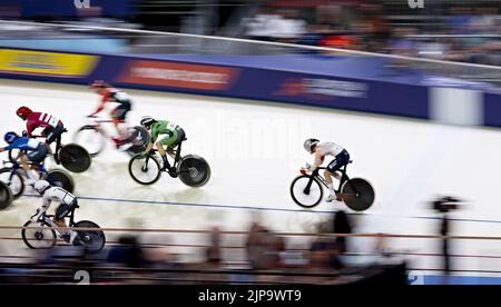 MUNICH - Lonneke Uneken (back) in action during the track cycling final coupled race on the sixth day of the Multi-European Championship. The German city of Munich will host a combined European Championship of various sports in 2022. ANP IRIS VAN DEN BROEK Stock Photo