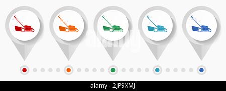 Lawn mower concept vector icons, infographic template easy to edit, set of colorful flat design pointers for webdesign and mobile applications Stock Vector