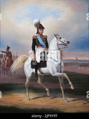 Equestrian portrait of Mr. Paskiewicz (circa 1841). Ivan Paskevich. Painting by January Suchodolski Stock Photo