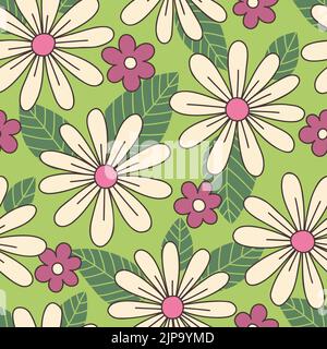 Colorful Large Scale Hand-Drawn Floral Daisies Vector Seamless Pattern. Retro 70s Style Stock Vector