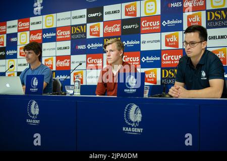 Gent's communications manager Tom Vandenbulcke, Gent's Jens Petter Hauge and Gent's Scout Samuel Cardenas pictured during a press conference of Belgian soccer club KAA Gent to present a new player, Tuesday 16 August 2022 in Gent. BELGA PHOTO JAMES ARTHUR GEKIERE Stock Photo