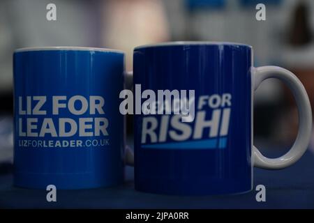 Merchandise on display inside the Perth Concert Hall in Perth, Scotland, where Conservative leadership hopefuls, Liz Truss and Rishi Sunak are due to take part in an hustings event. Picture date: Tuesday August 16, 2022. Stock Photo