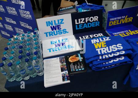 Merchandise on display inside the Perth Concert Hall in Perth, Scotland, where Conservative leadership hopefuls, Liz Truss and Rishi Sunak are due to take part in an hustings event. Picture date: Tuesday August 16, 2022. Stock Photo