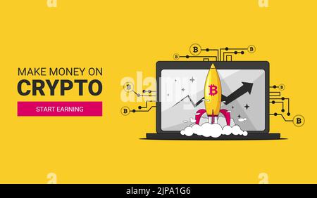 the inscription make money on the crypt and a button to start earning on a yellow background with elements of microcircuits a laptop and a rocket Stock Vector