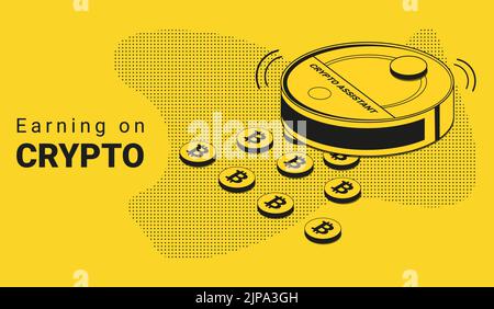 the inscription earning on crypto robot vacuum cleaner and bitcoin coins Stock Vector
