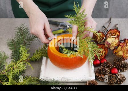 How to make long lasting Christmas decoration made of dried roses, twigs of fir and baubles. Floral arrangement inside the pumpkin. Step by step, tuto Stock Photo