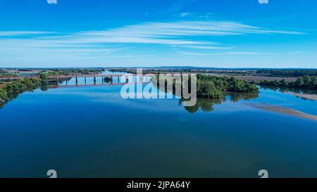 Aerial  view over Tejo river towards the Queen Maria Amelia Bridge, in Santarem, Portugal Stock Photo