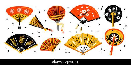 Hand fans. Cartoon Chinese handheld accessories. Different shapes design. Oriental folding attributes. Artificial breeze creation. Souvenirs with Stock Vector