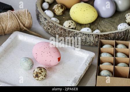 How to make hanging Easter eggs. Step by step, tutorial. Festive decor Stock Photo