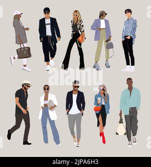 Set of different people wearing stylish clothes. Fashionable men and women street style look. Group of male and female cartoon characters vector Stock Vector