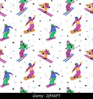 Seamless winter sports pattern. Snowboarders or skiers on snow. Professional athletes in equipment. Teenagers extreme activities. Skiing or Stock Vector