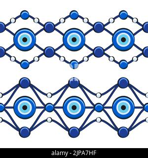 Set of horizontal seamless patterns with eye of fatima and beads. Vector illustration. Stock Vector