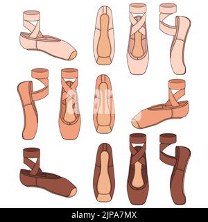 Set of color illustrations with pointe shoes, ballet shoes. Isolated vector objects on a white background. Stock Vector