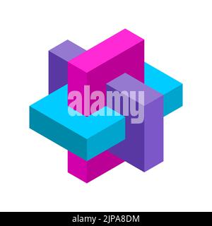 Colorful impossible 3D rectangles symbol. Three bricks make an penrose shape. Geometric unity Esher figure. Logo template. Vector illustration. Stock Vector