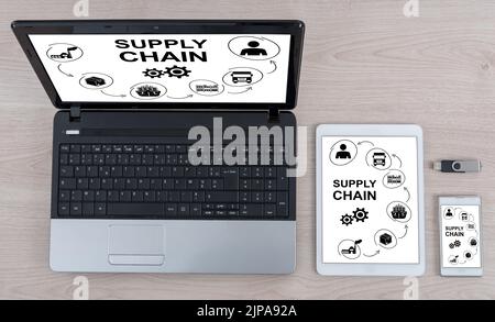Supply chain concept shown on different information technology devices Stock Photo