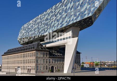 Antwerp, Belgium - August 2022: Exterior of the Antwerp Port Authority building in the city's commercial docks. The architect was Zaha Hadid. Stock Photo