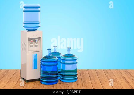 Water cooler with water dispenser bottles on the wooden planks, 3D rendering Stock Photo