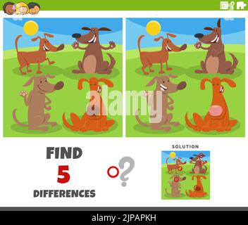 Cartoon illustration of finding the differences between pictures educational game with funny dogs animal characters Stock Vector