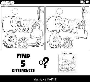 differences game with cartoon Safari animals coloring page Stock Vector ...