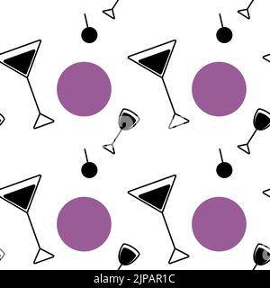 Abstract seamless pattern from a black and white set of vector icons in the form of glasses and colored spots in trendy purple hues on a transparent background. Suitable for cafes, bars and restaurants. Isolate. Lifestyle. Stock Vector