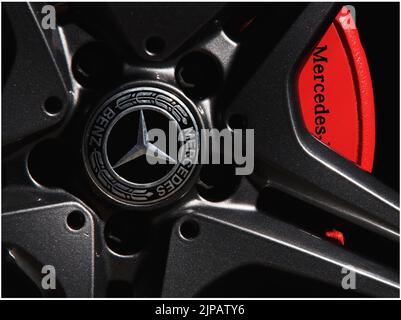 A closeup of Mercedes Benz alloy wheel and caliper Stock Photo