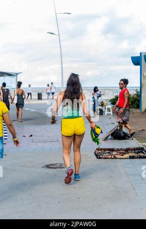 Fans of Brazil walk in the streets of Barra in Salvador, before the match between Brazil versus Costa Rica fo Stock Photo