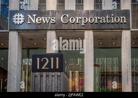 USA. 16th Aug, 2022. Marquee at the main entrance to the FOX News Headquarters at NewsCorp Building in Manhattan. (Photo by Erik McGregor/Sipa USA) Credit: Sipa USA/Alamy Live News Stock Photo