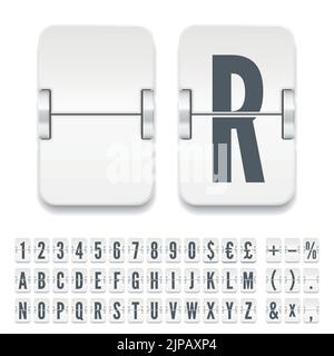 Terminal scoreboard font to display flight departure info vector illustration. White airport flip board mechanical alphabet with numbers and symbols for destination information and timetable Stock Vector