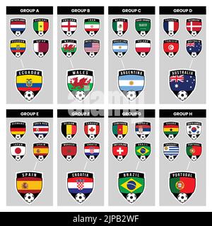 Illustrations of Shield Team Badges for All Countries in All Groups from Football Tournament Stock Vector