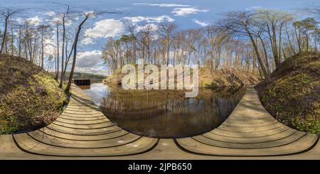 360 degree panoramic view of full seamless spherical hdri 360 panorama view on wooden pier of lake or river among forest with beautiful clouds in equirectangular projection, VR co