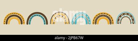 Warm retro groovy rainbow set. 1970 good vibes orange blue vector illustration. Cute 70s art for kids, bedroom decor Stock Vector