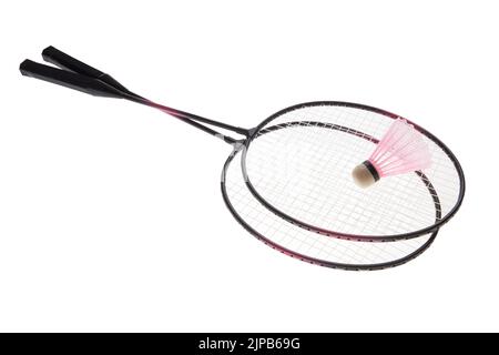 Badminton rackets and shuttlecock isolated on white background Stock Photo