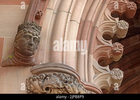Hereford Cathedral details, faces & gargoyle , Hereford City Centre, Herefordshire, England, UK, HR1 2NG Stock Photo
