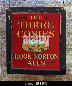The Three Conies - Hook Norton Ales classic pub sign, Oxfordshire craft ales, Hook Norton, Banbury, Oxen, England, UK,  OX15 5NY Stock Photo
