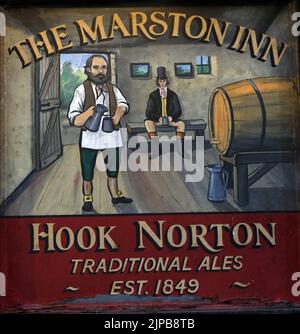 The Marston Inn - Hook Norton Ales classic pub sign, Oxfordshire craft ales, Hook Norton, Banbury, Oxen, England, UK,  OX15 5NY, Est 1849 Stock Photo