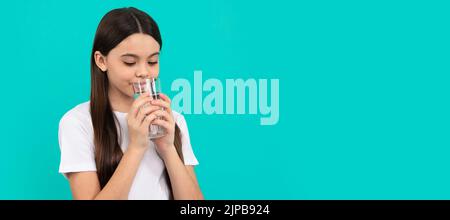 drinking per day. hydration vitality. be hydrated. kid hold glass of mineral water. Banner of child girl with glass of water, studio portrait with Stock Photo