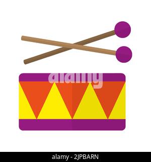 Drum stick children circus musical instrument flat. Toy store logo colorful sticker educational entertaining tool kids home games creativity singing musician fine motor skills good hearing isolated Stock Vector