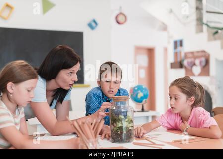 Female Teacher with kids in biology class at elementary school conducting biology or botanical scientific experiment about sustainable Growing plants Stock Photo