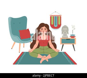Yoga time girl in lotus position vector flat Stock Vector
