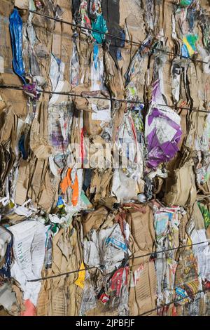 Tied bale of recyclable cardboard and paper at a sorting centre. Stock Photo
