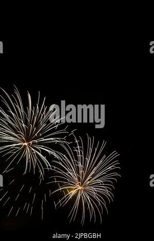 White and yellow fireworks in the night sky. Stock Photo