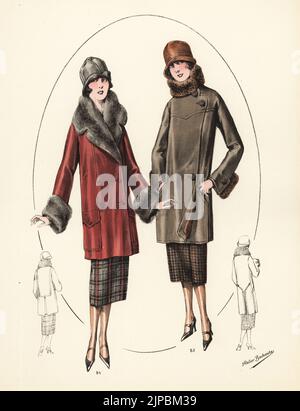 Fashionable women in cloche hats and fur jackets. Half-length leather jacket with possum trim 84, leather jacket with wild cat trim 85. Handcoloured lithograph from Modeles Originaux de Fourrures, Original Models in Fur, No. 17, Atelier Bachwitz, Vienna, 1926. Stock Photo