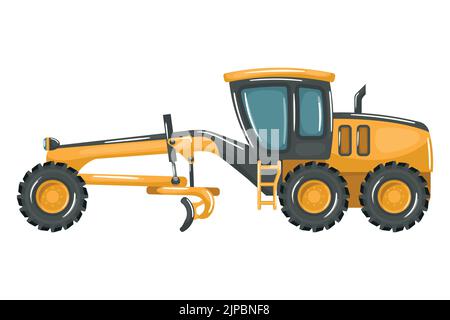 Yellow heavy machinery with motor grader on white background for construction and mining Stock Vector