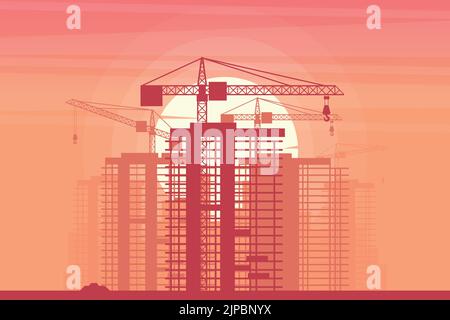Background landscape of a city with buildings under construction with cranes in a sunset Stock Vector