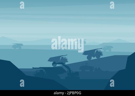 Heavy machinery such as excavator, front loader, mining truck, working on mineral extraction in the mining industry Stock Vector