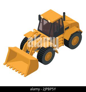 isometric heavy machinery with yellow front loader on a white background for construction and mining Stock Vector