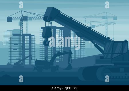 Heavy machinery stage background of telescopic crane used in the construction industry Stock Vector