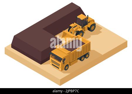 heavy machinery with front end loader and isometric dump truck loading earth at construction site Stock Vector