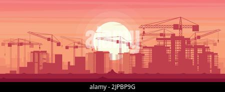 Panoramic background landscape of a city under construction with cranes in a sunset Stock Vector